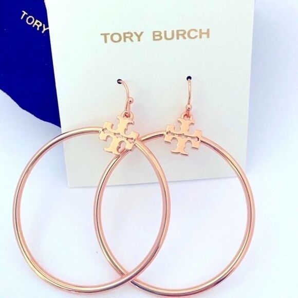 NWOT Tory Burch Rose Gold T Logo Hoop Earrings - Picture 2 of 5